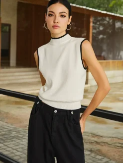 COMMENSE Contrast Binding High Neck Knit Vest* Sweater Vests|Sweaters & Cardigans
