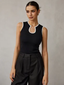 COMMENSE Contrast Binding Keyhole Neckline Tank Top* Tank Tops & Camis|Tops