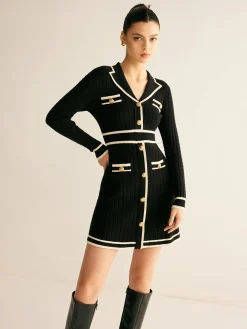 COMMENSE Contrast Binding Lapel Sweater Dress* Black Dresses|Sweater Dresses