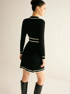COMMENSE Contrast Binding Lapel Sweater Dress* Black Dresses|Sweater Dresses