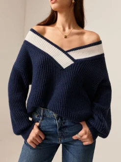 COMMENSE Contrast Binding Off-Shoulder Sweater* Sweater Tops|Sweaters & Cardigans