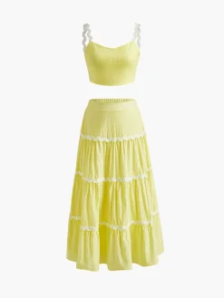 COMMENSE Contrast Binding Pleated Skirt Set* Skirt Sets|Long Sleeve Sets