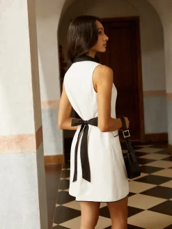 COMMENSE Contrast Binding Sleeveless Button Bow Short Dress* White Dresses|Casual Dresses