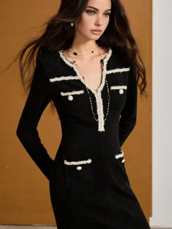 COMMENSE Contrast Binding Tweed Slim Dress* Dresses