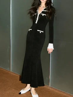 COMMENSE Contrast Binding Tweed Slim Dress* Dresses