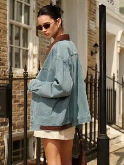 COMMENSE Contrast Collar Versatile Denim Jacket* Outerwear|Jackets