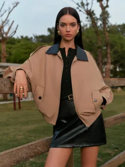 COMMENSE Contrast Collar Zipper Jacket* Outerwear|Tops