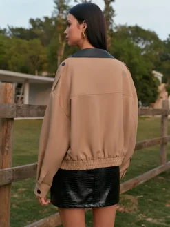 COMMENSE Contrast Collar Zipper Jacket* Outerwear|Tops