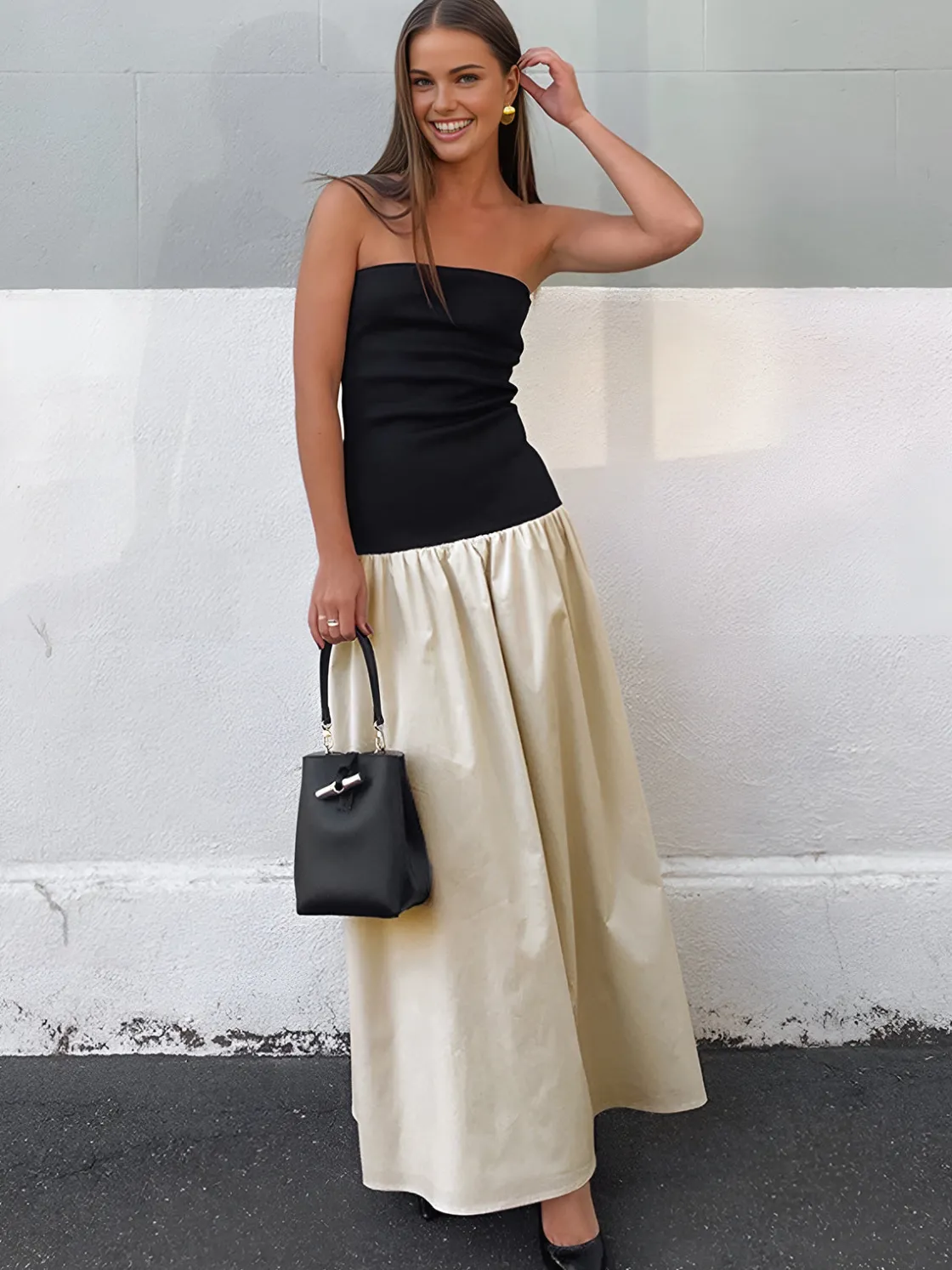 COMMENSE Contrast Color Tube Long Dress* Casual Dresses|Work Dresses