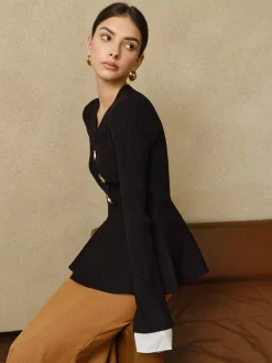 COMMENSE Contrast Cuff Ruffle Knit Top* Sweater Tops|Sweaters & Cardigans