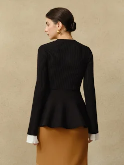 COMMENSE Contrast Cuff Ruffle Knit Top* Sweater Tops|Sweaters & Cardigans