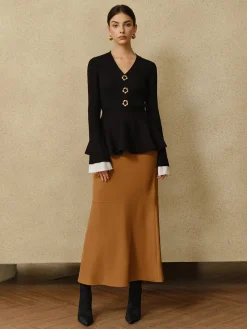 COMMENSE Contrast Cuff Ruffle Knit Top* Sweater Tops|Sweaters & Cardigans