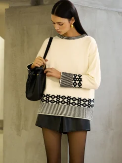 COMMENSE Contrast Geometric Pattern Pullover Sweater* Sweater Tops|Sweaters & Cardigans