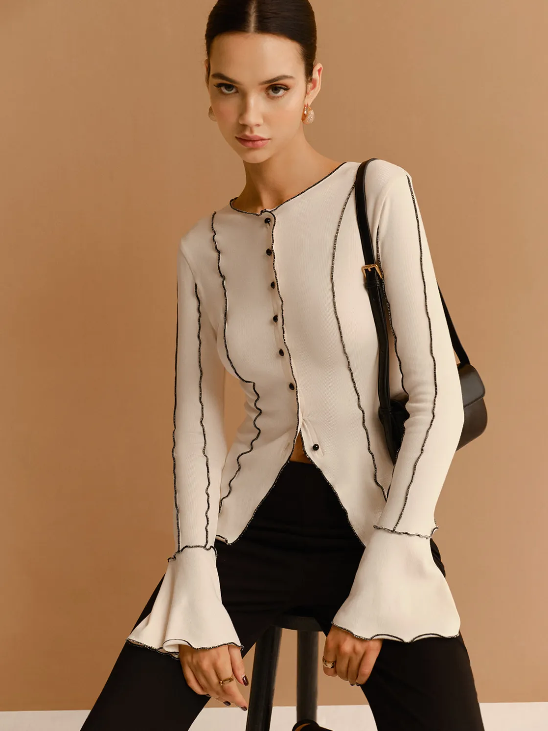 COMMENSE Contrast Lettuce Trim Button Slit Top* Tops