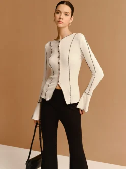 COMMENSE Contrast Lettuce Trim Button Slit Top* Tops