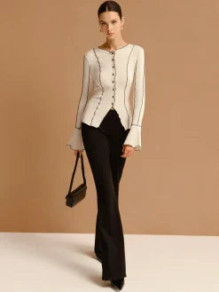 COMMENSE Contrast Lettuce Trim Button Slit Top* Tops