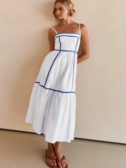 COMMENSE Contrast Line Decor Cami Long Dress* White Dresses|Casual Dresses