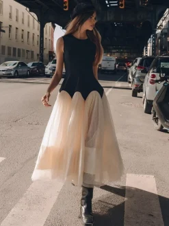 COMMENSE Contrast Petal Waist Midi Dress* Black Dresses|Work Dresses