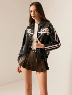 COMMENSE Contrast Pinstripe PU Leather Jacket* Outerwear|Tops