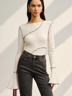 COMMENSE Contrast Piping Bell Sleeve T-Shirt* T-shirts|Tops