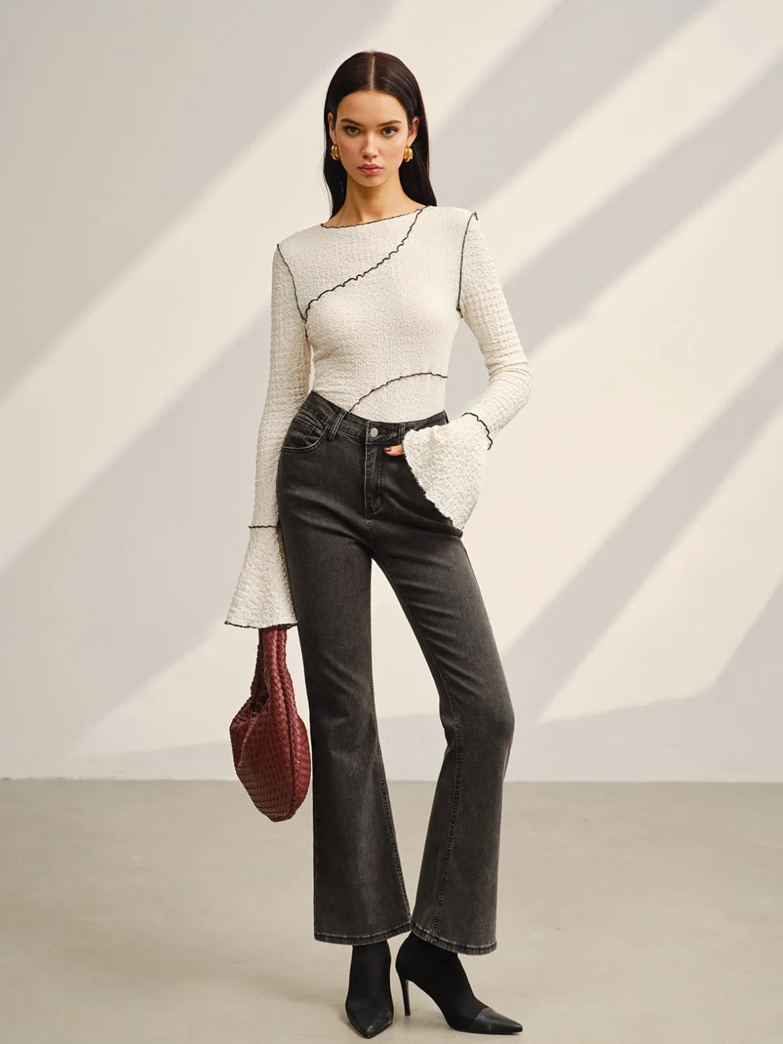 COMMENSE Contrast Piping Bell Sleeve T-Shirt* T-shirts|Tops