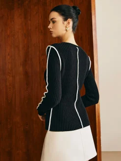 COMMENSE Contrast Piping Slim Knit Top* Sweater Tops|Sweaters & Cardigans