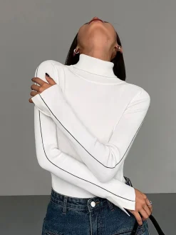 COMMENSE Contrast Piping Turtleneck Sweater* Sweater Tops|Sweaters & Cardigans