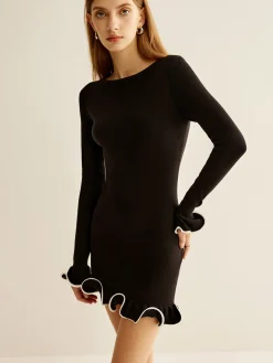 COMMENSE Contrast Ruffle Slim Dress* Black Dresses|Casual Dresses
