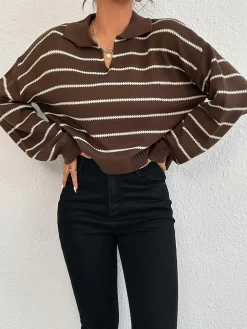COMMENSE Contrast Striped Lapel Short Sweater* Sweater Tops|Sweaters & Cardigans