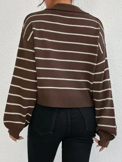 COMMENSE Contrast Striped Lapel Short Sweater* Sweater Tops|Sweaters & Cardigans