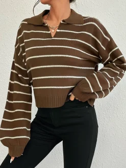 COMMENSE Contrast Striped Lapel Short Sweater* Sweater Tops|Sweaters & Cardigans