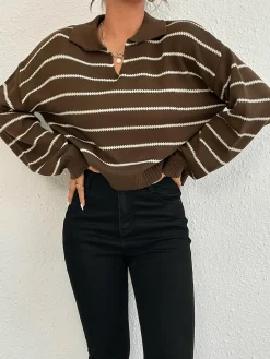 COMMENSE Contrast Striped Lapel Short Sweater* Sweater Tops|Sweaters & Cardigans