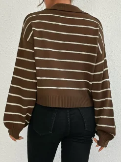 COMMENSE Contrast Striped Lapel Short Sweater* Sweater Tops|Sweaters & Cardigans