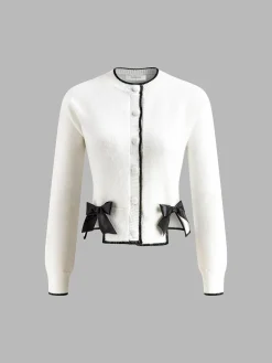 COMMENSE Contrast Trim Bow Decor Knit Outwear* Sweater Tops|Outerwear