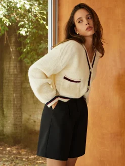 COMMENSE Contrast Trim Button Pockets Cardigan* Cardigans|Sweaters & Cardigans