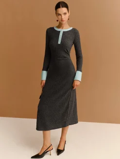 COMMENSE Contrast Trim Button Ribbed Slim Dress* Casual Dresses|Work Dresses
