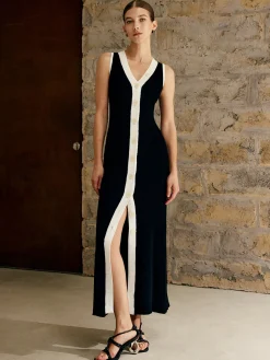 COMMENSE Contrast Trim Button Sweater Tank Dress* Black Dresses|Sweater Dresses