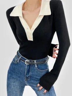 COMMENSE Contrast Trim Button Up Ribbed Shirt* Sweater Tops|Sweaters & Cardigans