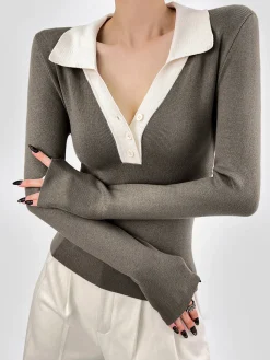 COMMENSE Contrast Trim Button Up Ribbed Shirt* Sweater Tops|Sweaters & Cardigans