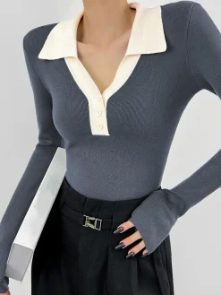 COMMENSE Contrast Trim Button Up Ribbed Shirt* Sweater Tops|Sweaters & Cardigans