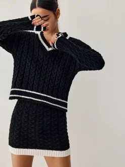 COMMENSE Contrast Trim Cable Knit Sweater With Matching Skirt* Sweater Tops|Long Sleeve Sets