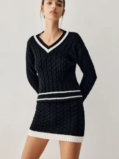 COMMENSE Contrast Trim Cable Knit Sweater With Matching Skirt* Sweater Tops|Long Sleeve Sets