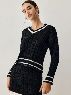COMMENSE Contrast Trim Cable Knit Sweater With Matching Skirt* Sweater Tops|Long Sleeve Sets