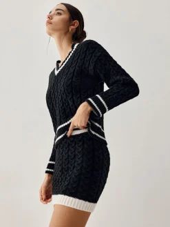 COMMENSE Contrast Trim Cable Knit Sweater With Matching Skirt* Sweater Tops|Long Sleeve Sets