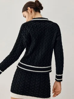 COMMENSE Contrast Trim Cable Knit Sweater With Matching Skirt* Sweater Tops|Long Sleeve Sets