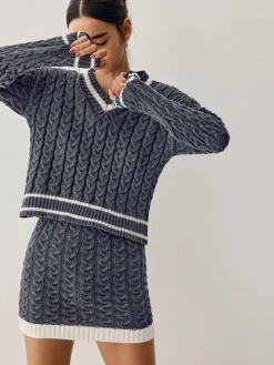 COMMENSE Contrast Trim Cable Knit Sweater With Matching Skirt* Sweater Tops|Long Sleeve Sets