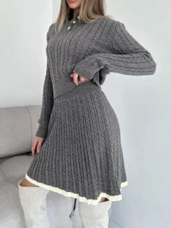 COMMENSE Contrast Trim Cable-Knit Lapel Skirt Set* Skirt Sets|Long Sleeve Sets