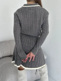 COMMENSE Contrast Trim Cable-Knit Lapel Skirt Set* Skirt Sets|Long Sleeve Sets