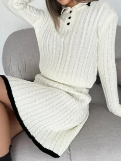 COMMENSE Contrast Trim Cable-Knit Lapel Skirt Set* Skirt Sets|Long Sleeve Sets