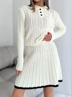 COMMENSE Contrast Trim Cable-Knit Lapel Skirt Set* Skirt Sets|Long Sleeve Sets